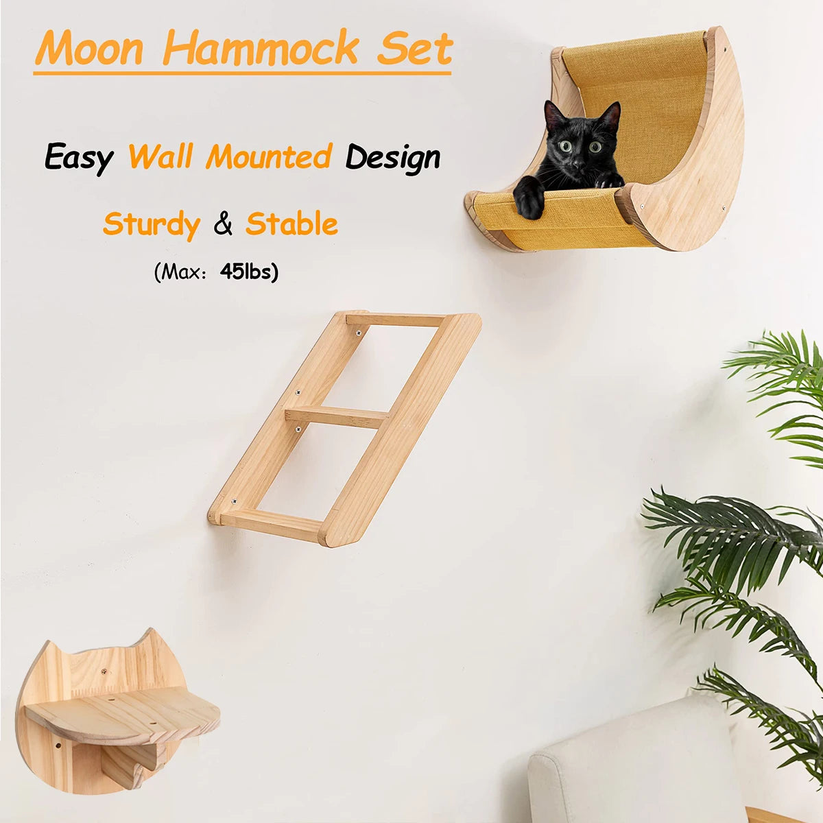 Cat Shelf Wall Hammock Climbing Shelves Moon Shaped and Perches Ladder Solid Wood Steps for Activity Cats Wall Furniture