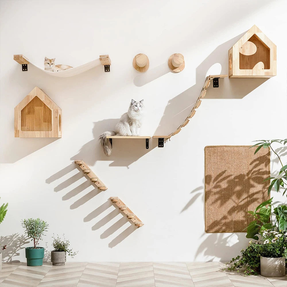 Cat Climbing Shelf Wall Mounted Four Step Stairway with Sisal Scratching Post Cats Tree Tower Platform Jumping Furniture