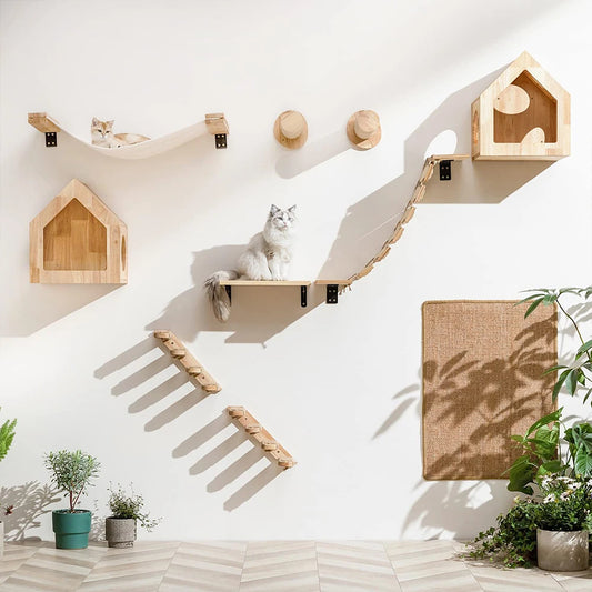 Cat Climbing Shelf Wall Mounted Four Step Stairway with Sisal Scratching Post Cats Tree Tower Platform Jumping Furniture