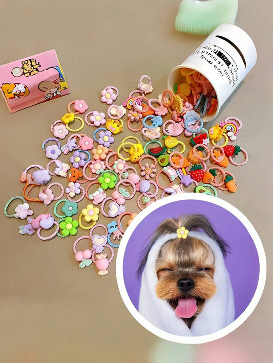 100pcs Assorted Hair Ties with Floral and Fruit Charms, Soft Elastic for Dogs and Cats