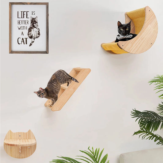 Cat Shelf Wall Hammock Climbing Shelves Moon Shaped and Perches Ladder Solid Wood Steps for Activity Cats Wall Furniture